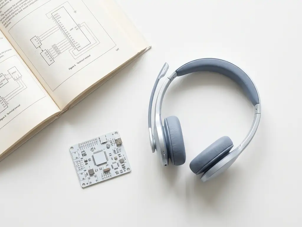Professionele receptionist headset naast een open technische handleiding en printplaat op een wit bureau, bovenaanzicht.