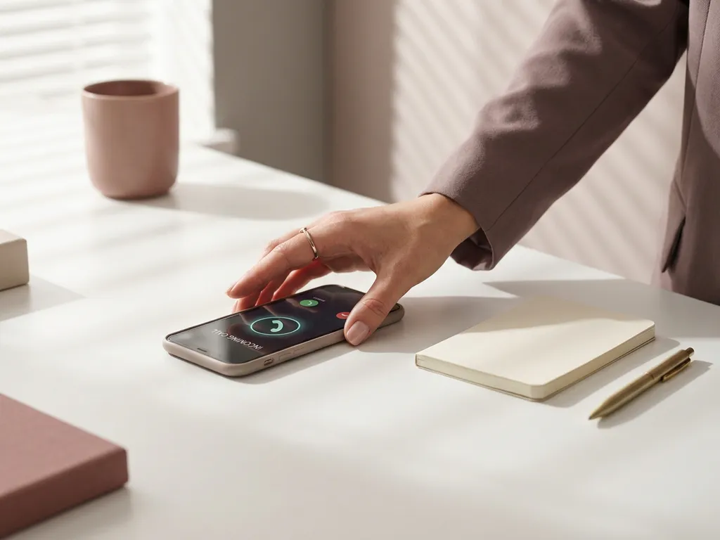 Receptioniste legt rustig een rinkelde telefoon neer op een minimalistisch wit bureau met notitieblok en pen.