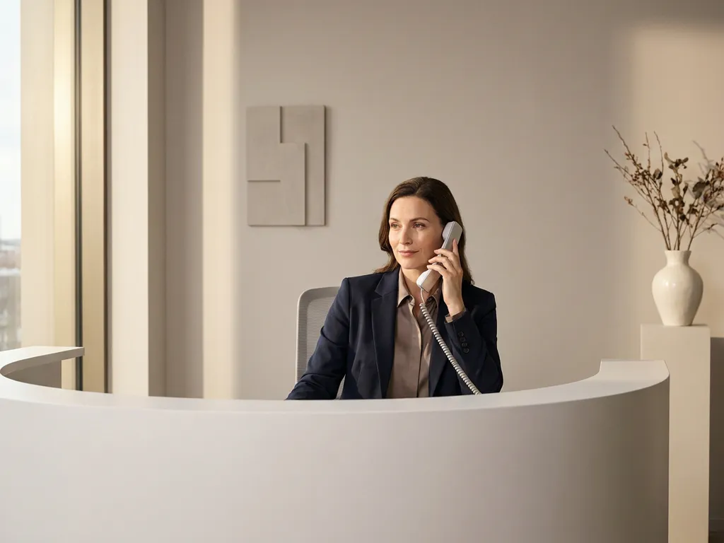 Professionele vrouw aan minimalistisch wit receptiebalie beantwoordt telefoongesprek, warm licht, rustige en betrouwbare sfeer.