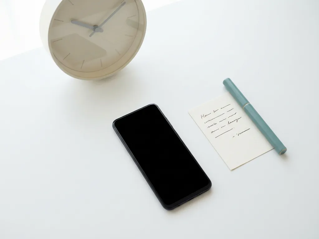 Smartphone en papieren samenvatting op wit bureau met minimalistische klok op de achtergrond, bovenaanzicht.