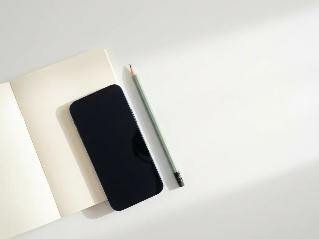 Smartphone met scherm naar beneden op wit bureau naast open notitieboek en potlood, minimalistische bovenaanzicht in ochtendlicht.