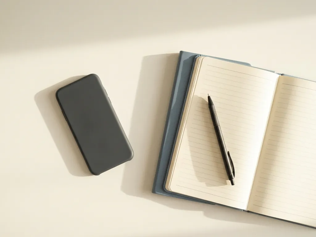 Smartphone met scherm naar beneden op wit bureau, naast open notitieboek en pen, in zacht ochtendlicht.