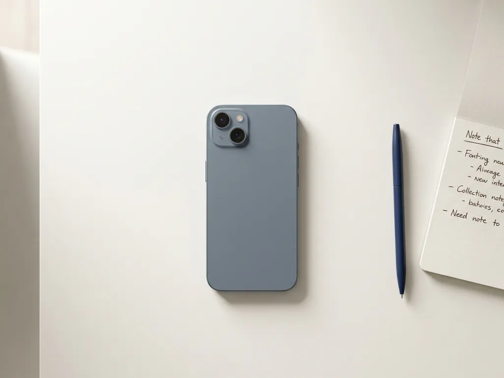 Moderne smartphone rechtop op wit bureau naast notitieboekje en pen, minimalistische flatlay met zacht natuurlijk licht.