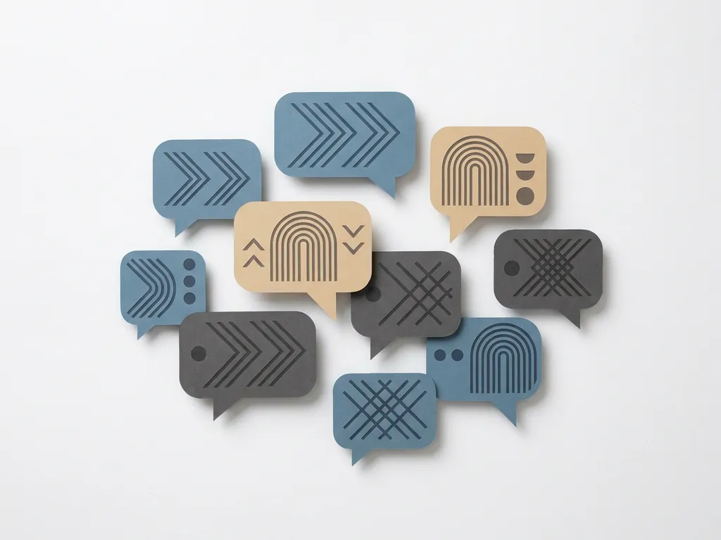 Minimalistische spreekbalonsilhouetten in zacht blauw, zand en antraciet met geometrische lettervormhints die meertalige communicatie symboliseren.