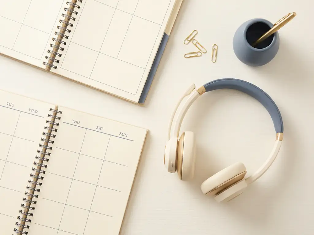Professionele telefoonheadset op wit bureau naast een minimalistisch weekkalender, gefotografeerd van bovenaf in zacht ochtendlicht.