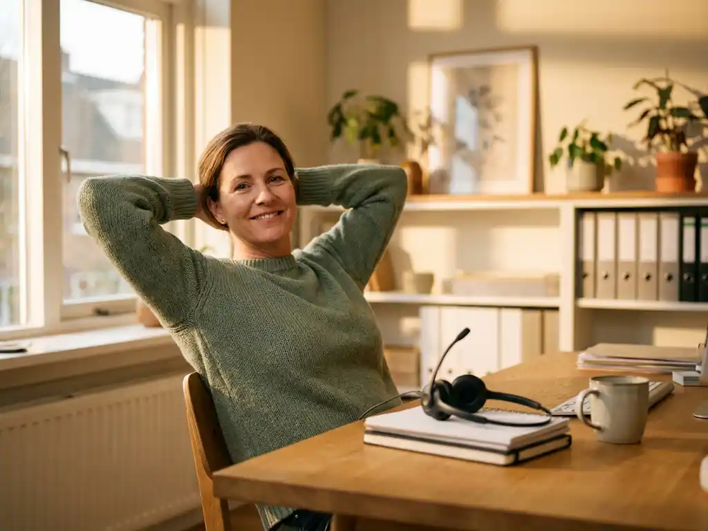 Zelfverzekerde ondernemer ontspannen aan houten bureau met professionele receptionist-headset, warm middaglicht in Nederlands kantoor.