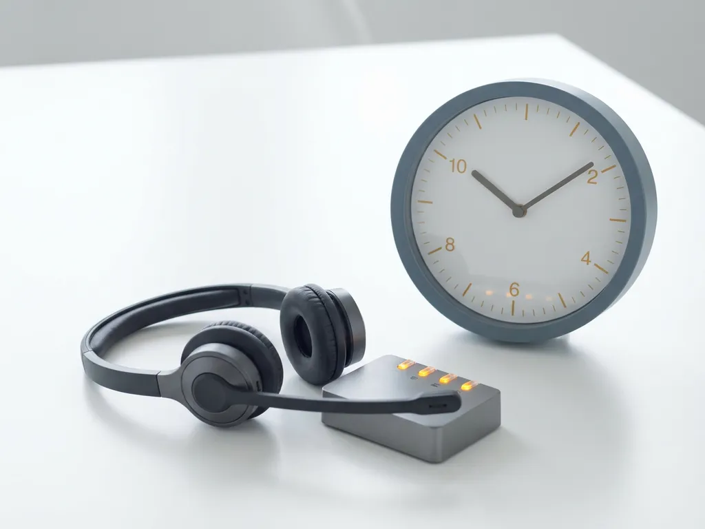 Professionele telefoonoperator headset op wit bureau naast analoge klok met amber belichtingsindicatoren.