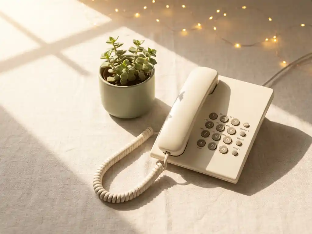 Stijlvolle bureautelefoon naast een klein potplantje op linnen ondergrond, met warm ochtendlicht en sfeervolle kerstverlichting op de achtergrond.