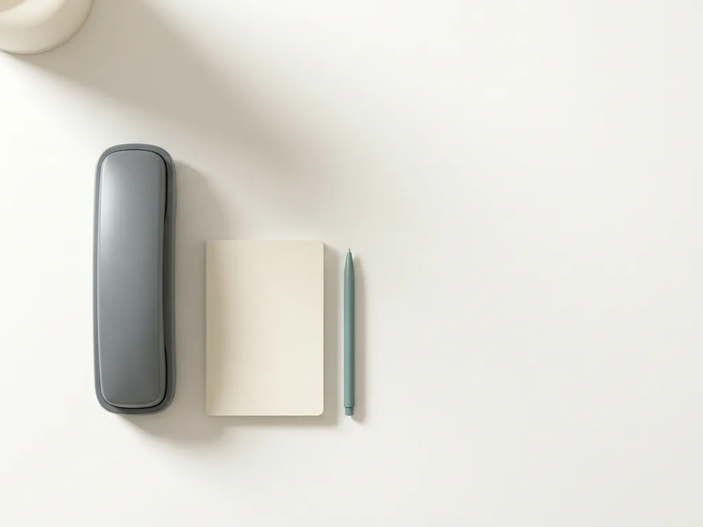 Zakelijk bureautelefoon op wit oppervlak met notitieblok en pen, professionele sfeer in ivoor en leisteengrijze tinten.