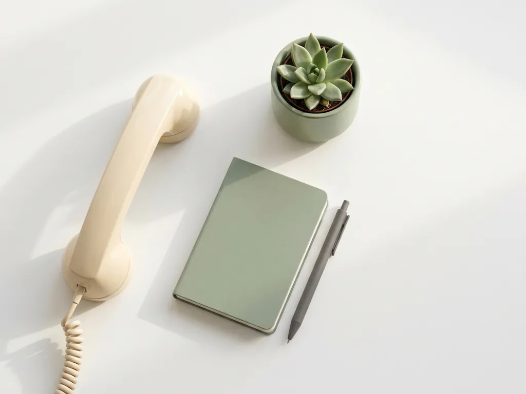 Telefooonhoorn op wit bureau naast notitieboekje en kleine kamerplant in zacht ochtendlicht, minimalistische werkruimte van bovenaf.