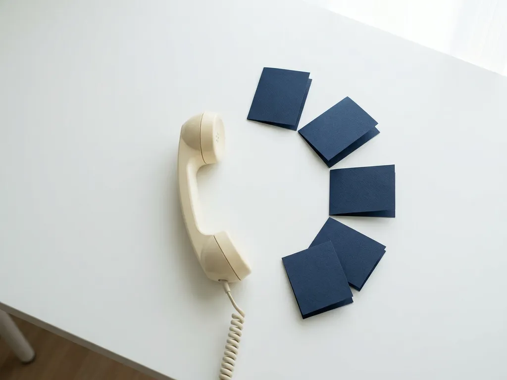 Zwarte telefoonhoorn op wit bureau met vijf kleine gevouwen papieren notities in een boog, minimalistische werkruimte.