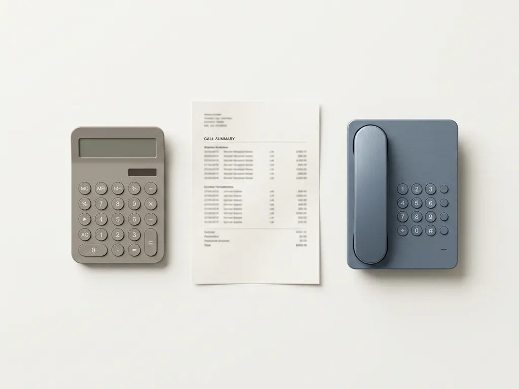 Calculator en bureautelefoon naast een geprinte gesprekslogboek op wit oppervlak, minimalistische bovenaanzicht compositie.