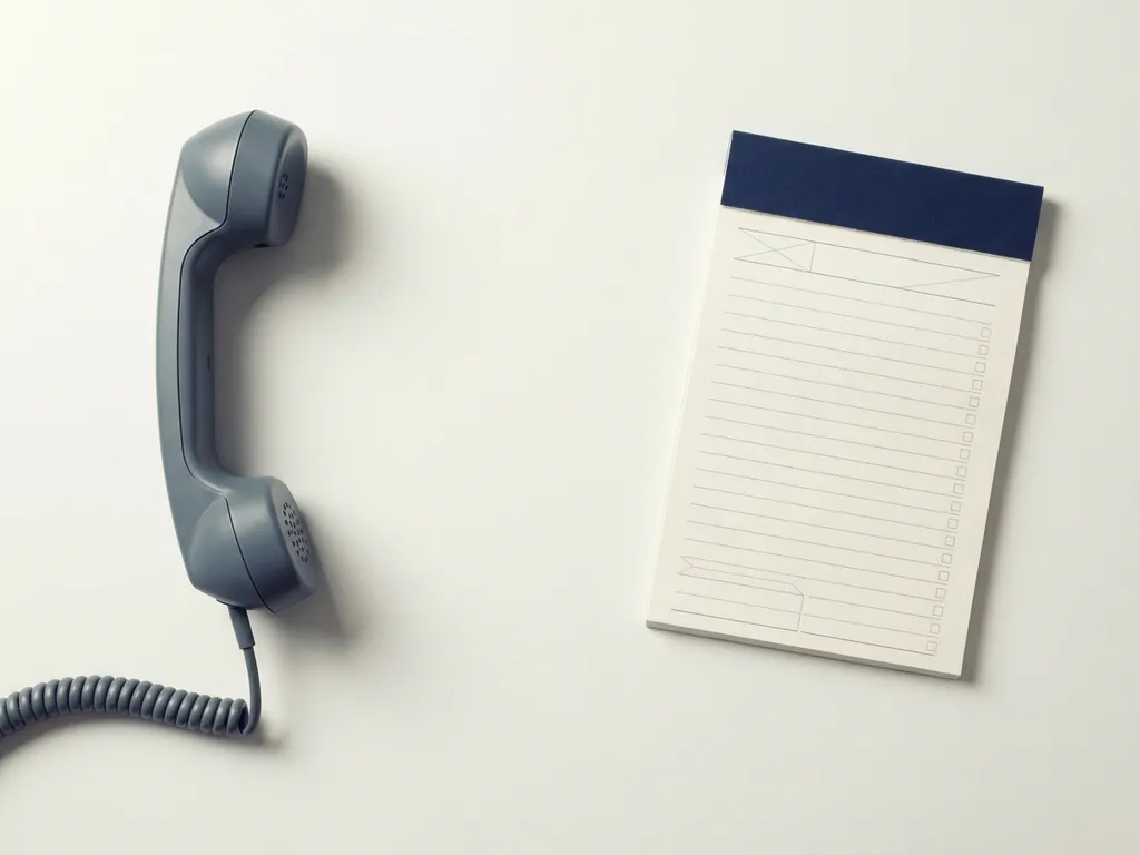 Telefoonhoorn op wit bureau naast gevouwen checklist notitieblok, strak bovenaanzicht in gedempte grijstinten met marineblauw accent.