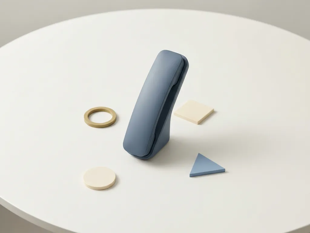Moderne bureautelefoonhoorn op wit oppervlak met minimalistische geometrische vormen in leisteenblauw en ivoor tinten.