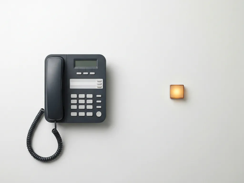 Zakelijke bureautelefoon met hoorn van de haak naast een gloeiend amber indicatielampje op wit oppervlak.