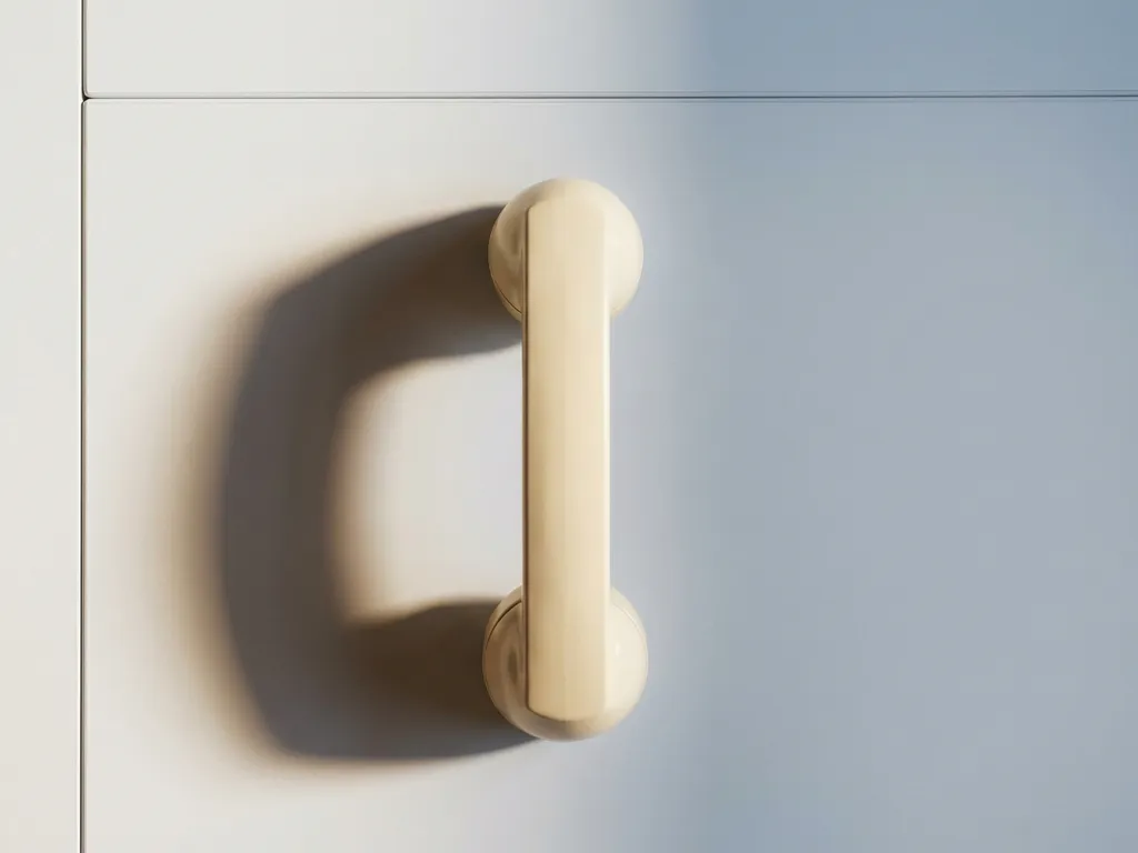 Telefoonhoorn op wit bureau met zachte schaduwen en minimalistische compositie in ivoor, leisteenblauw en houtskool.