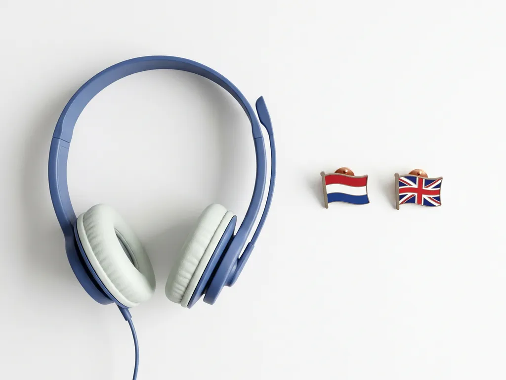 Professionele telefoonheadset op wit bureau naast Nederlandse en Britse vlagpinnen, strak bovenaanzicht.