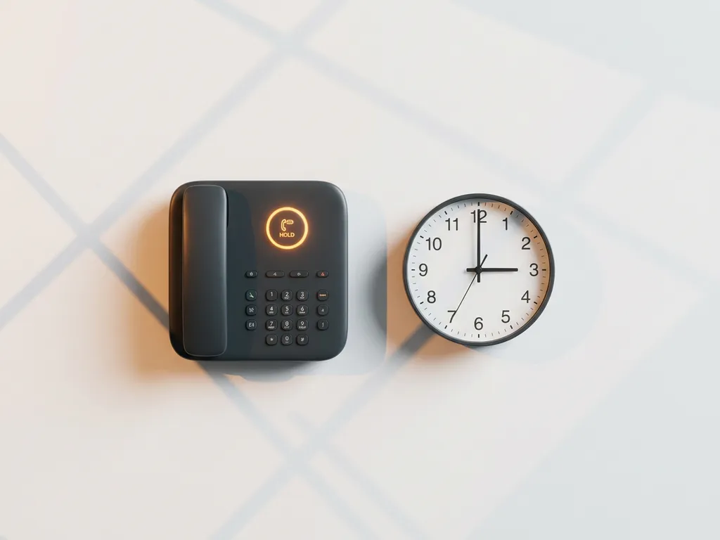 Zakelijke bureautelefoon met gloeiend amber wachtlichtje naast een analoog klokje op wit bureau, bovenaanzicht.