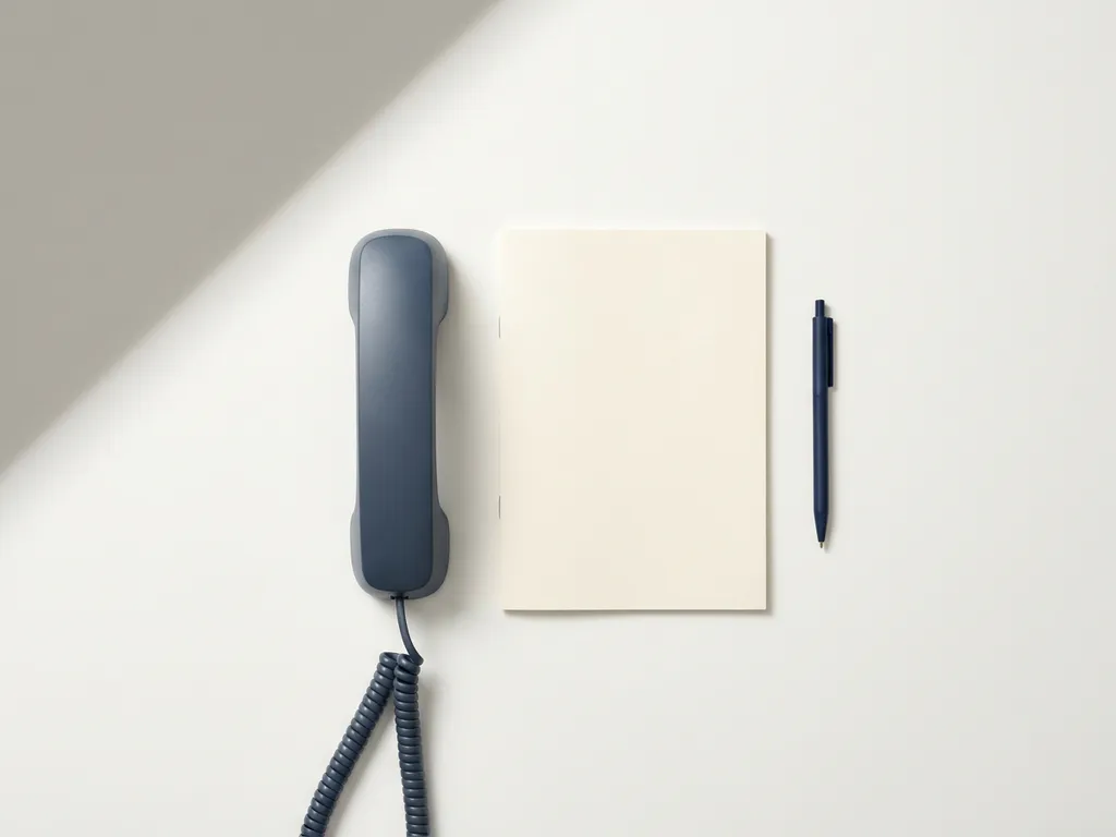 Professionele telefoonhoorn naast een notitieboekje en pen op een wit bureau, minimalistische flatlay in ivoor en leisteenblauw.