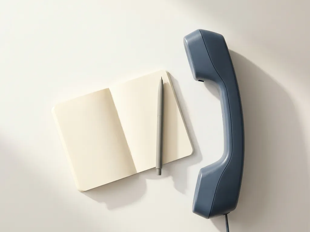 Grijs bureautelefoon naast open notitieboekje met pen op wit oppervlak, strak bovenaanzicht in zacht ochtendlicht.