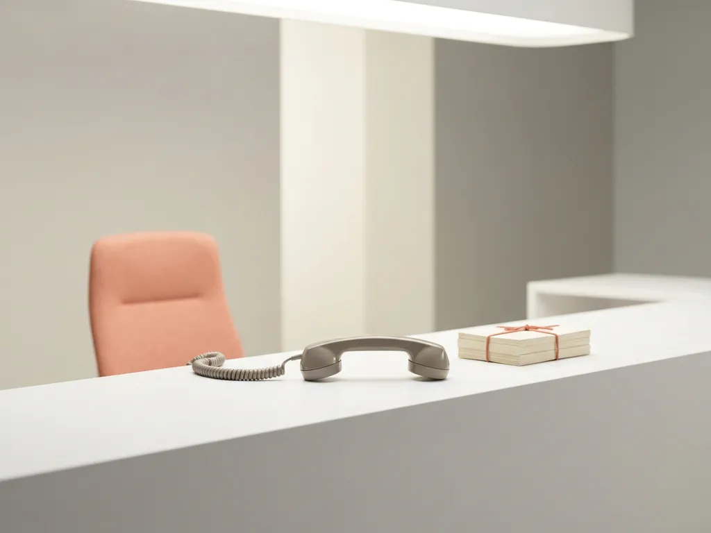 Verlaten telefoonhoorn op een witte receptiebalie met neatjes gestapelde gesprekslogboeken en een lege ergonomische stoel op de achtergrond.