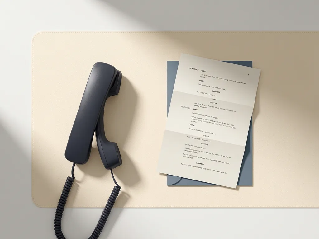 Professionele telefoonhoorn op wit bureau naast een gevouwen gespreksscript, minimalistisch bovenaanzicht in warme crème- en leisteentinten.