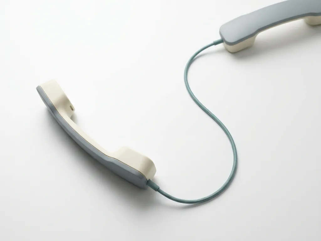 Professionele telefoonhoorn op wit bureau met kabel naar tweede hoorn op de achtergrond, symbool voor gespreksdoorschakeling.