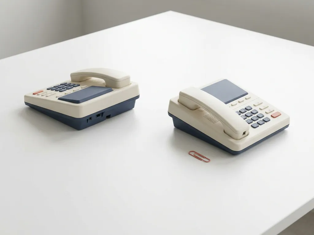 Twee strakke bureautelefoons op wit oppervlak, één naar binnen en één naar buiten gericht, symboliseren inkomende en uitgaande gesprekken.