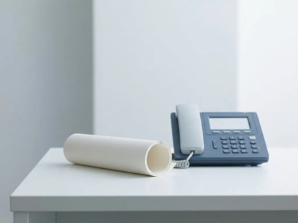 Opgerolde telefonische scriptpagina naast een modern bureautelefoon op een wit bureau, minimalistische stijl met zacht licht.