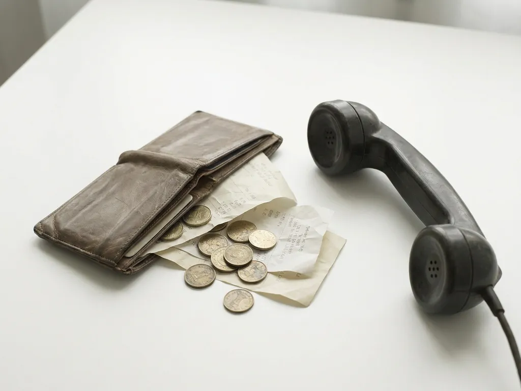Versleten leren portemonnee opengeklapt op wit bureau met munten, verfrommelde bonnetjes en een oude telefoonhoorn.