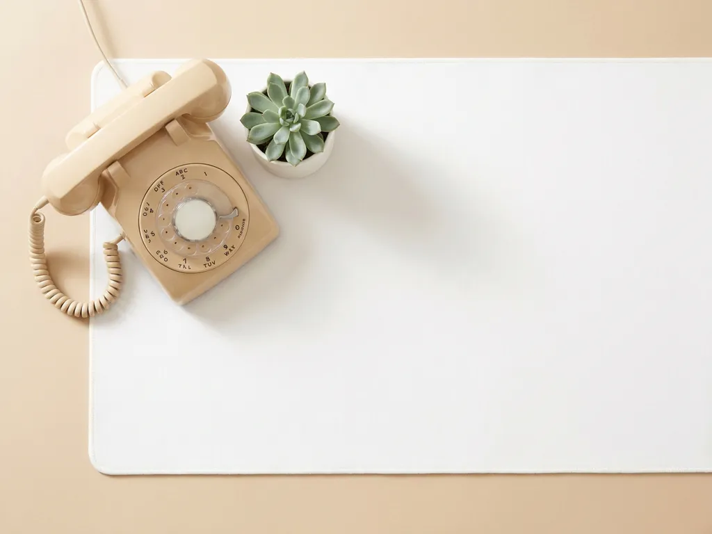 Vintage draaischijftelefoon op minimalistisch bureau naast kleine succulent, bovenaanzicht met zacht natuurlijk licht.