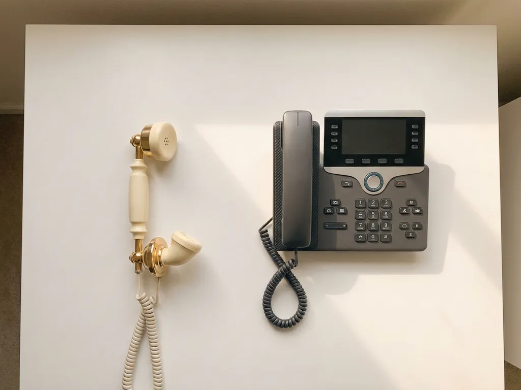 Vintage telefoonhoorn naast modern kantoortelefoontoestel op wit oppervlak, bovenaanzicht met warme gouden tinten.