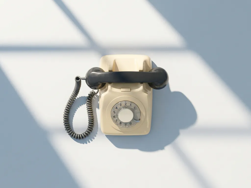 Vintage roterende telefoon met neergelegd hoorn op wit bureau, minimalistische plat lay-compositie met zachte geometrische schaduwen.
