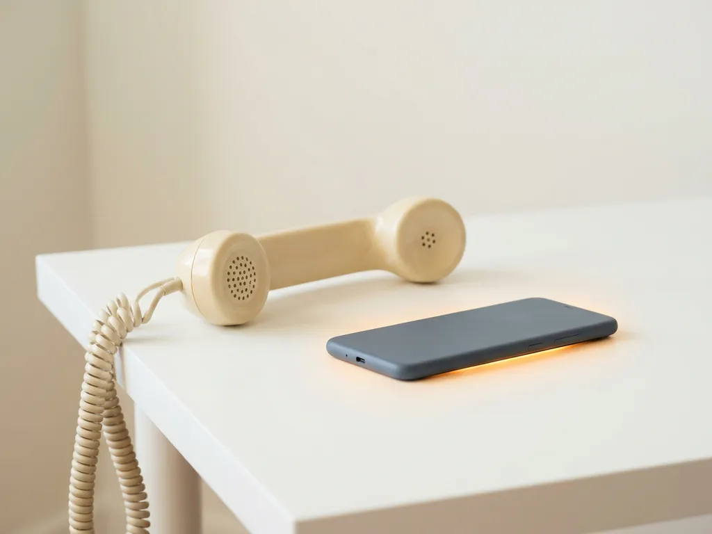 Vintage telefoonhoorn naast een omgekeerde smartphone op wit bureau, in ivoor- en leisteenblauw tinten met amber accent.