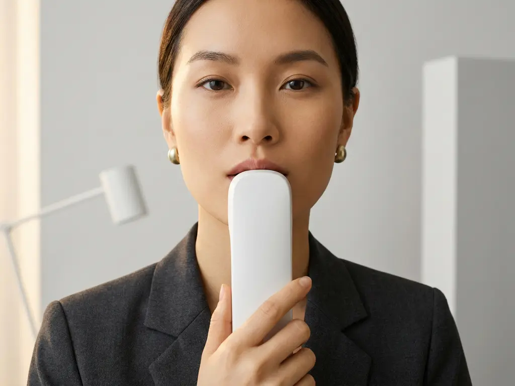 Vrouw aan de telefoon met stijlvolle witte hoorn, kalm en zelfverzekerd, zachte studio-achtergrond in lichtgrijs.