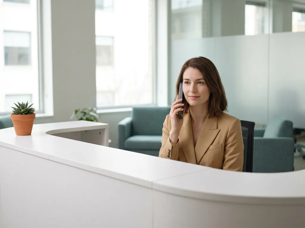 Professionele vrouw aan de telefoon achter een minimalistische witte receptiebalie met klein kamerplantje en natuurlijk licht.