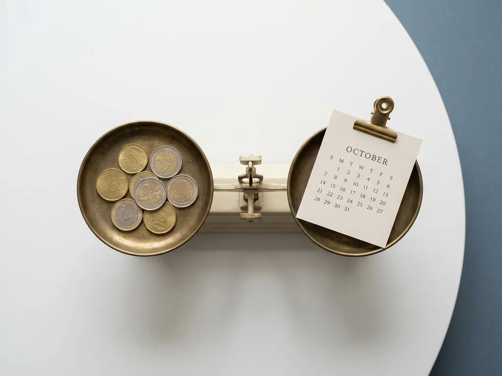 Vintage messing weegschaal in balans met euromunten en maandkalender op wit bureau, bovenaanzicht.