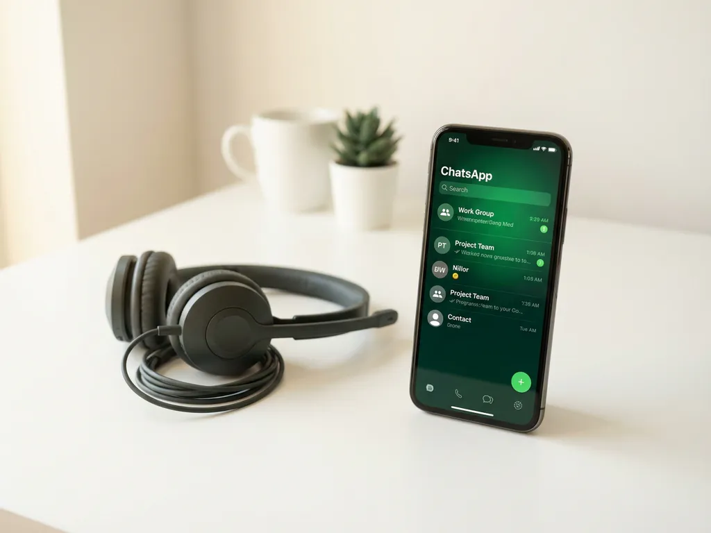 Smartphone met WhatsApp-interface op wit bureau naast een professionele headset, gefotografeerd in zacht natuurlijk licht.