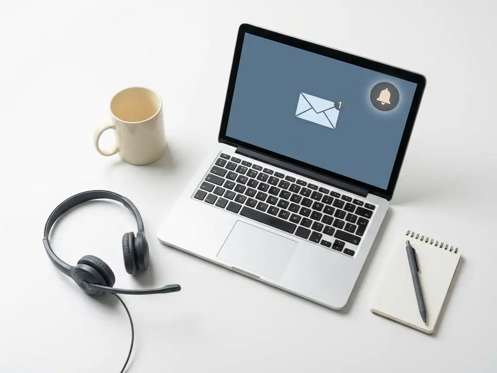 Professionele telefoonheadset naast een open laptop op wit bureau, met één ongelezen e-mailmelding op het scherm.