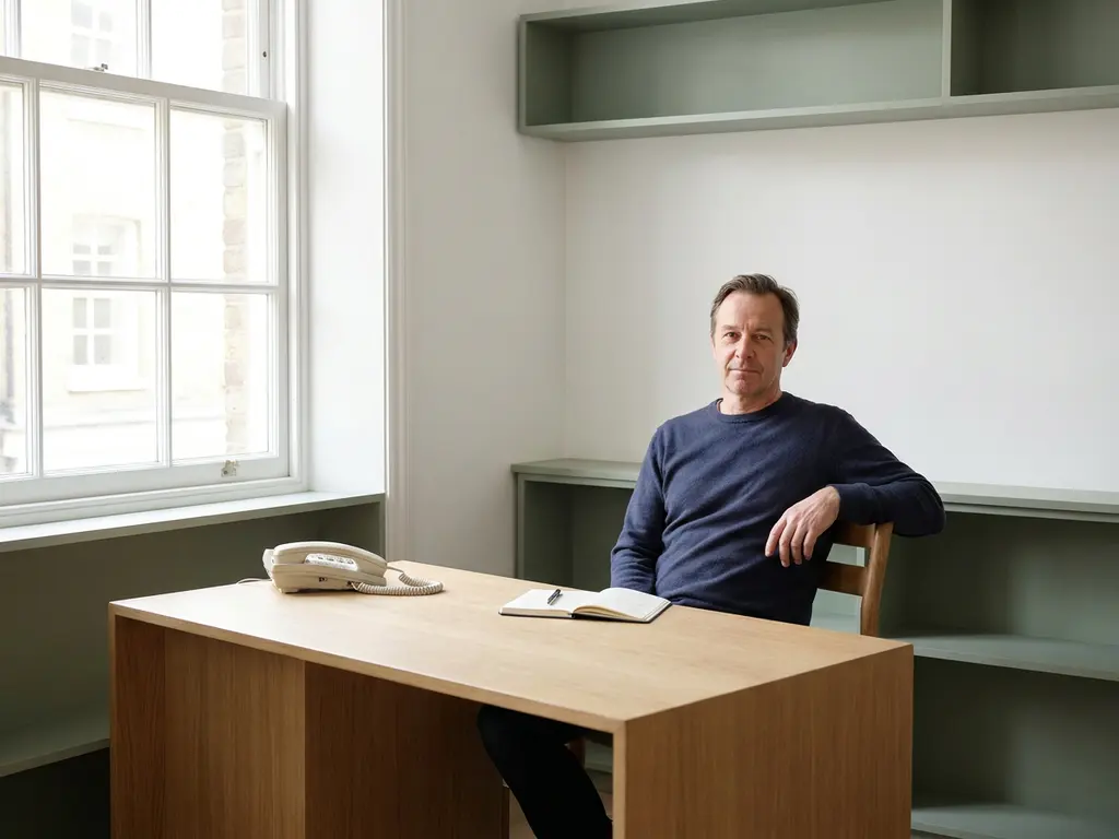 Zelfverzekerde kleine ondernemer ontspannen aan een houten bureau met een vaste telefoon en notitieboek in rustige, minimalistische werkruimte.