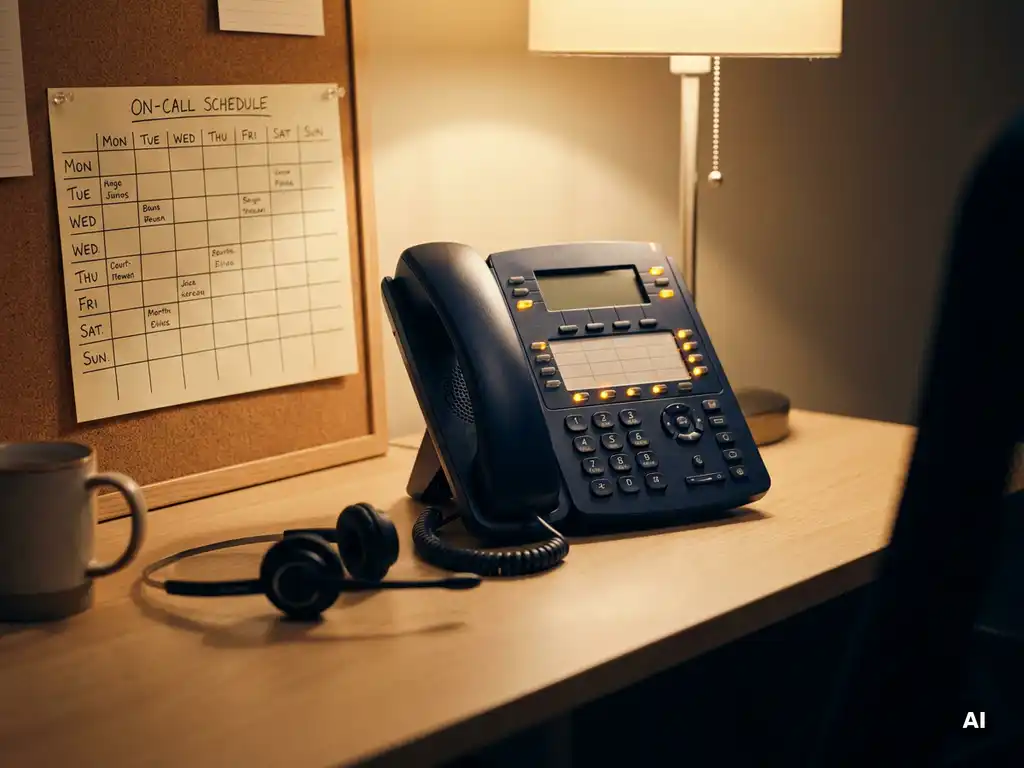 Professionele bureautelefoon met knipperende lijnindicators naast een wekelijks bereikbaarheidschema, headset en warm kantoorlicht.