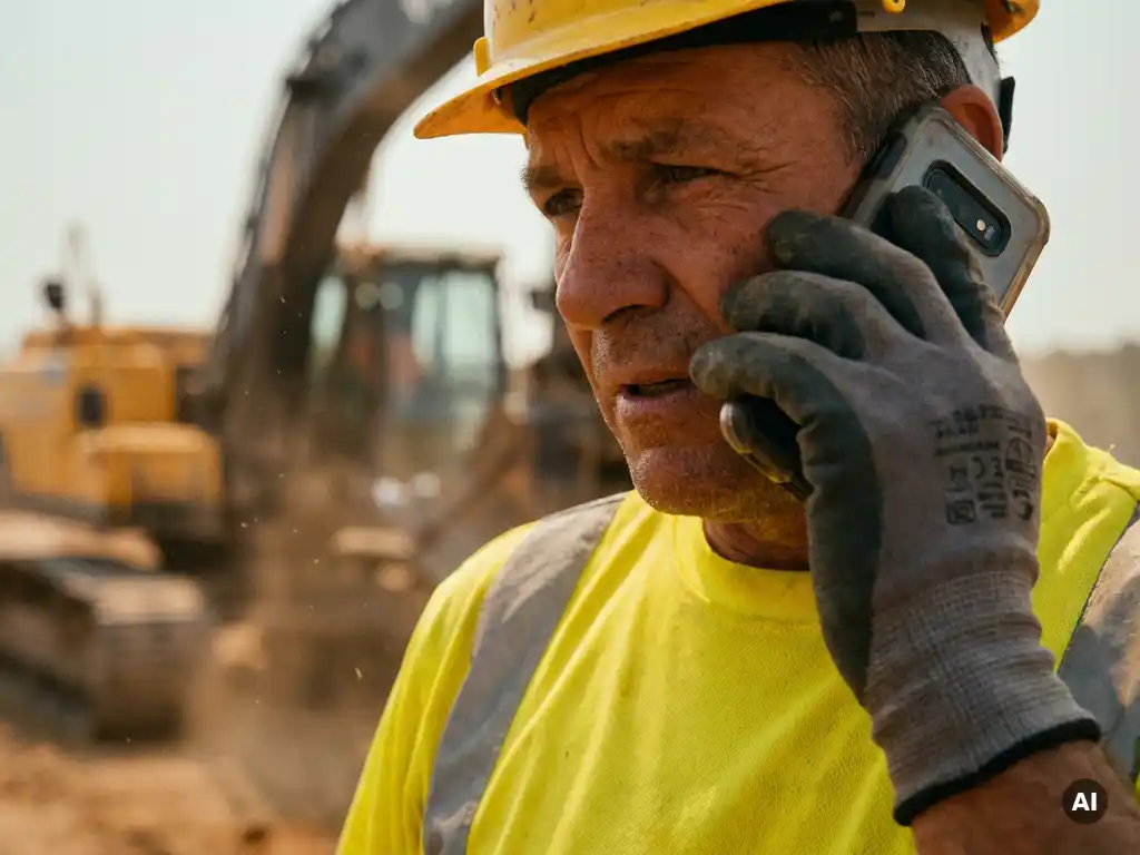 Bouwvakker in oranje veiligheidsvest belt met smartphone naast zware machines op stoffige bouwplaats.
