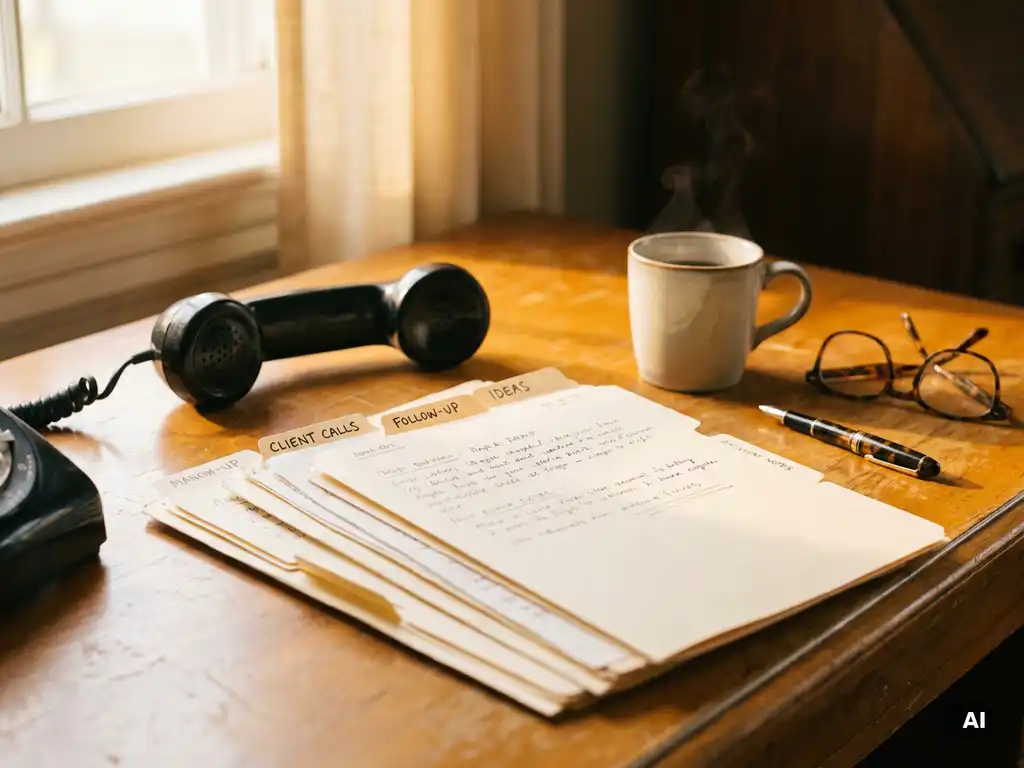 Houten bureau met handgeschreven gespreksnotities in gelabelde mappen, telefoonhoorn en dampende koffie in warm ochtendlicht.