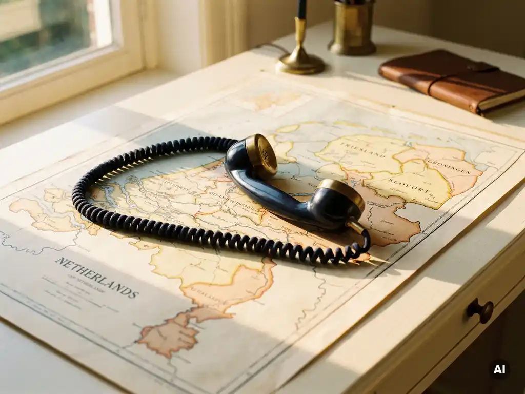 Telefoonhoorn liggend op een opengevouwen kaart van Nederland op een wit bureau, warm middaglicht.