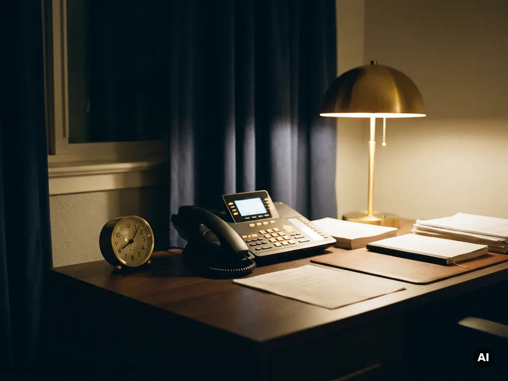 Kantoortelefoon op opgeruimd bureau verlicht door amber bureaulamp in avondlicht, rustige professionele sfeer.