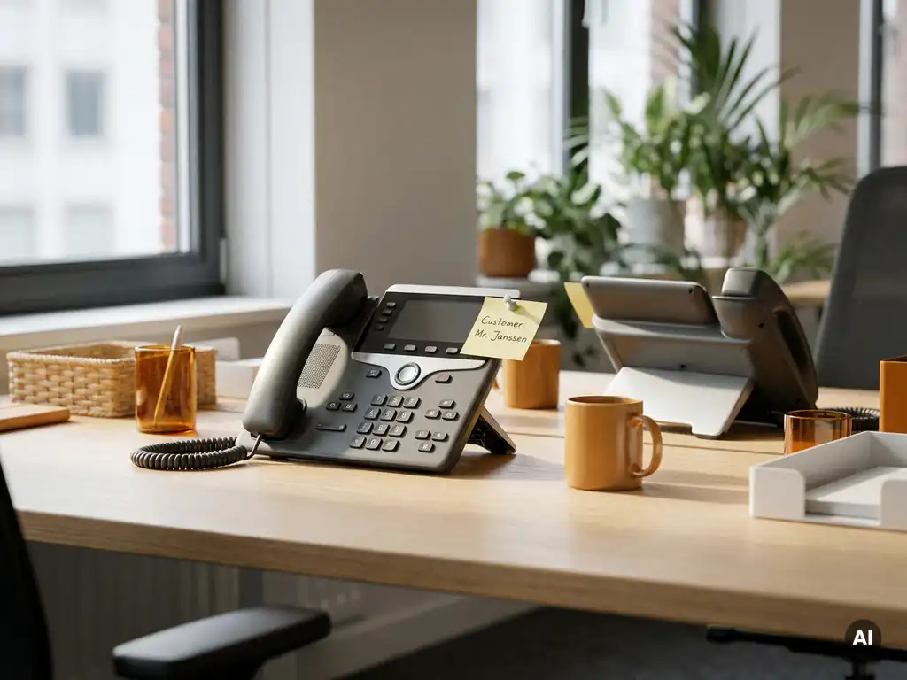 Kantoortelefoon met opgenomen hoorn en klantnotitie op modern bureau, tweede toestel ongebruikt op de achtergrond, warm natuurlijk licht.