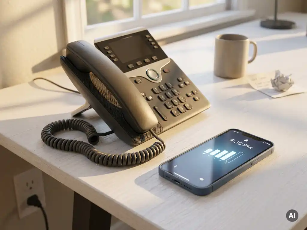 Kantoortelefoon op zijn kant met losgekoppeld snoer naast smartphone met vol signaal op wit bureau in warm licht.