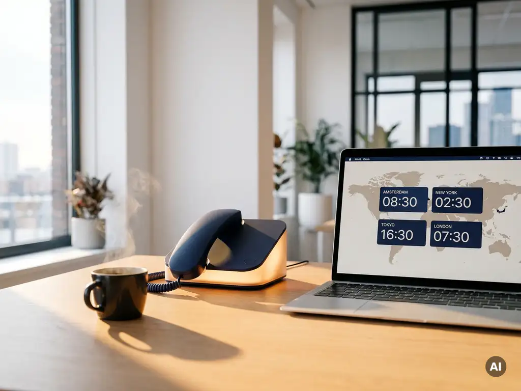 Bureautelefoon en laptop met wereldklok op modern Nederlands kantoor, dampende koffie in warm ochtendlicht.