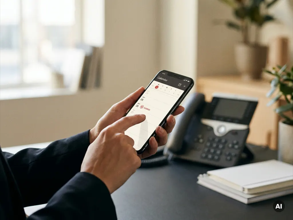 Vrouwenhand die een smartphone-agenda bijwerkt met een rood gesloten-teken, kantoortelefoon op de achtergrond.