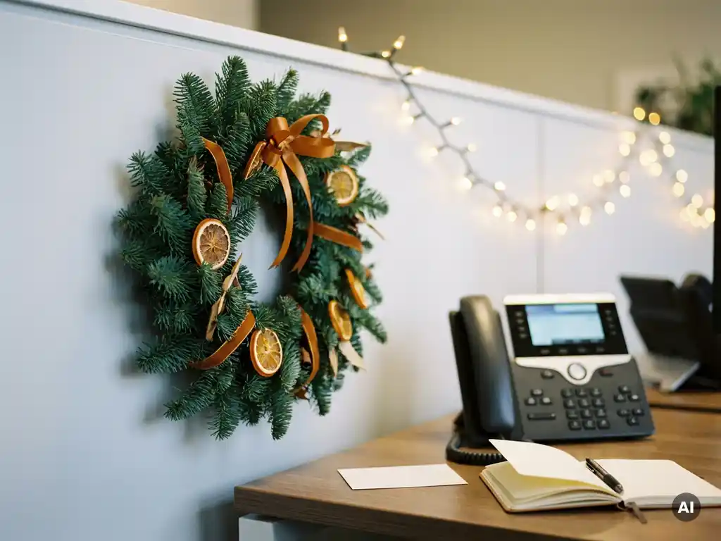 Kerstkrans aan kantoorwand naast moderne bureautelefoon, met gouden lichtjes en notitieboekje met pen op de achtergrond.
